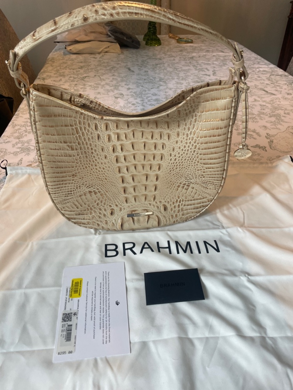 Brahmin Cream Croc-Embossed Shoulder Bag with Gold Accents